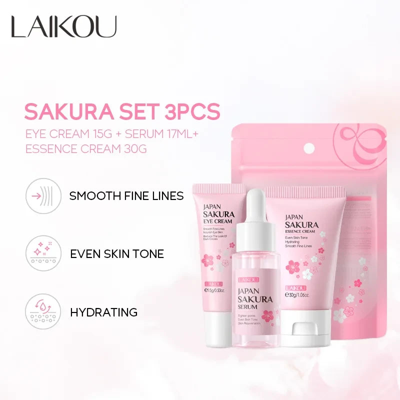 24K Vitamin C Sakura Skincare Set – Cream, Serum & Eye Cream 3-Piece Kit